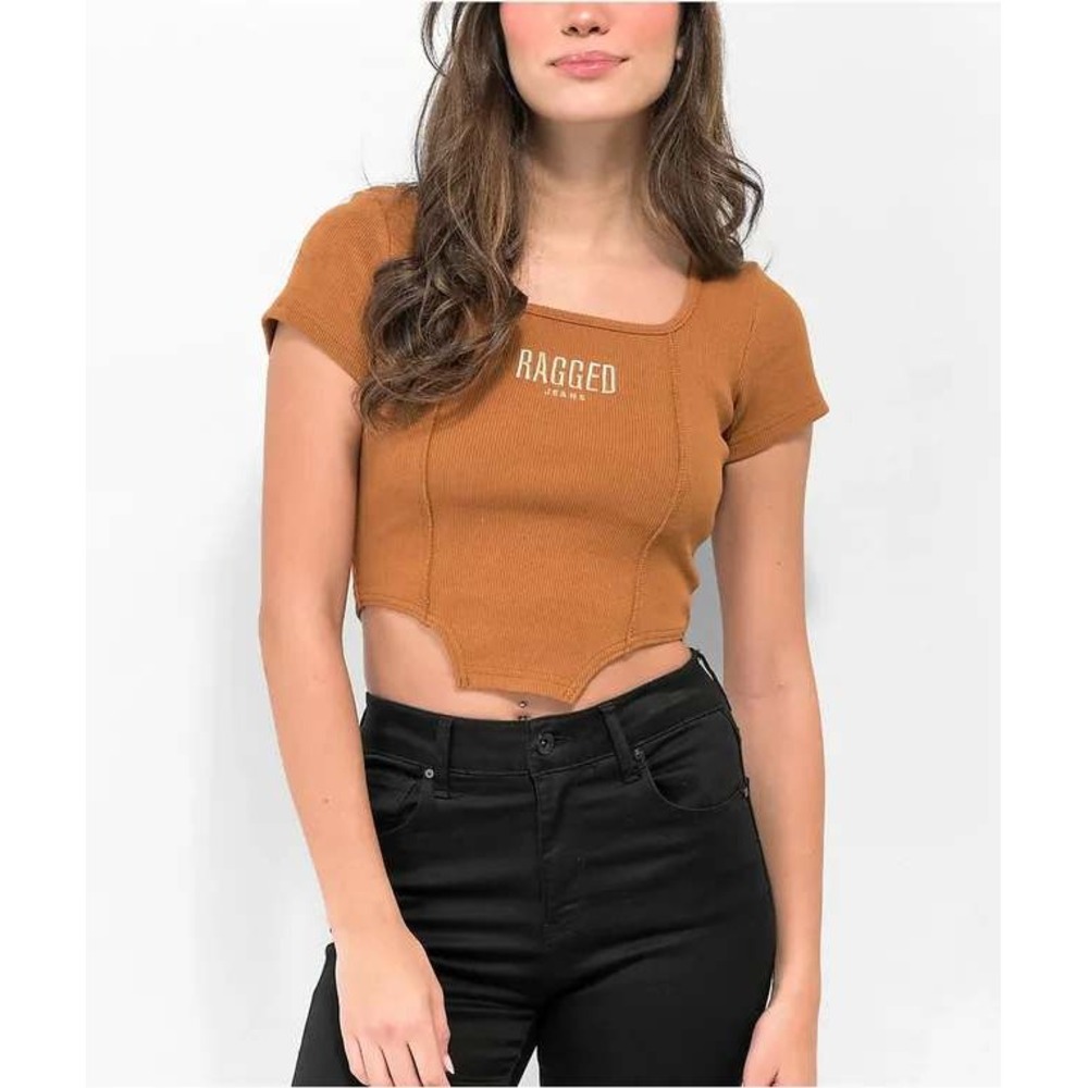 Ragged‎ Priest Corset Hem Ribbed Crop Top Brown UK 10 | Zumiez Y2K